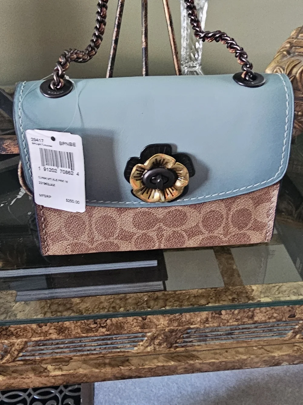 Coach Blue Leather Flap Signature Canvas Crossbody with Floral Turnlock
